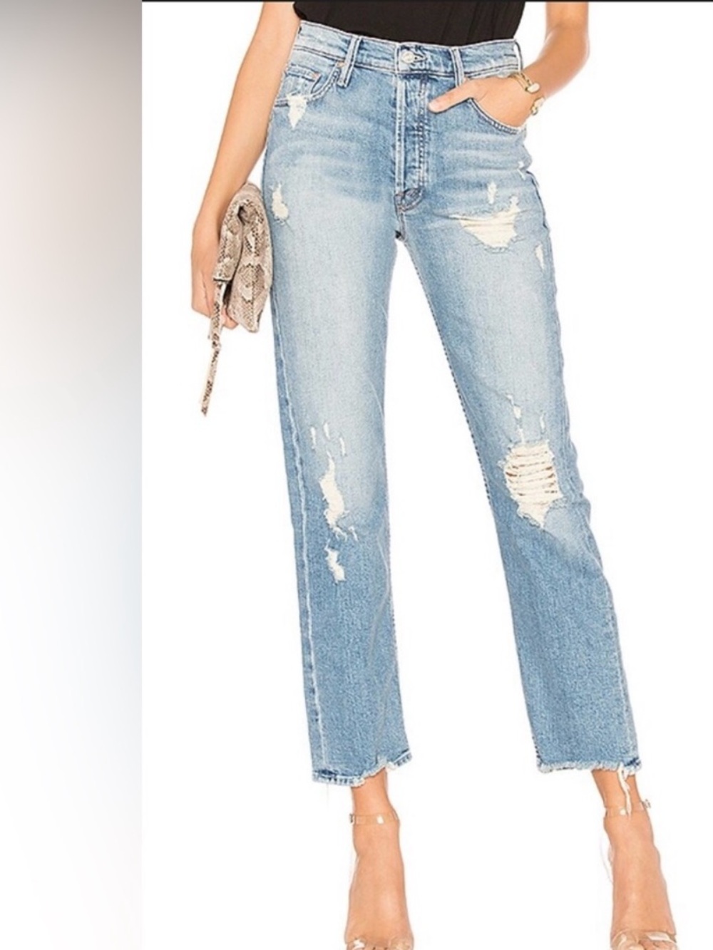 MOTHER Light Blue Distressed Straight Leg Jeans
